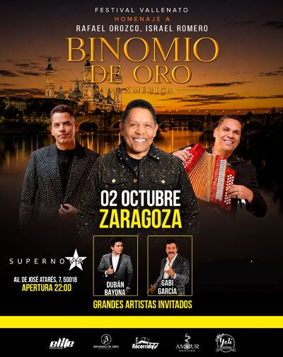 Cartel de Festival Vallenato - Binomio de Oro de América - Zaragoza - Pop en Sala Super Nova