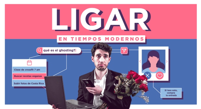 Cartel de Ligar en Tiempos Modernos - Javi Bueno - Sevilla - Teatro en Cuatro Gatos